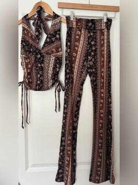 Boho Floral Stripe Wide-Leg Fold-over Pants & Halter Top Set - Black/Brown